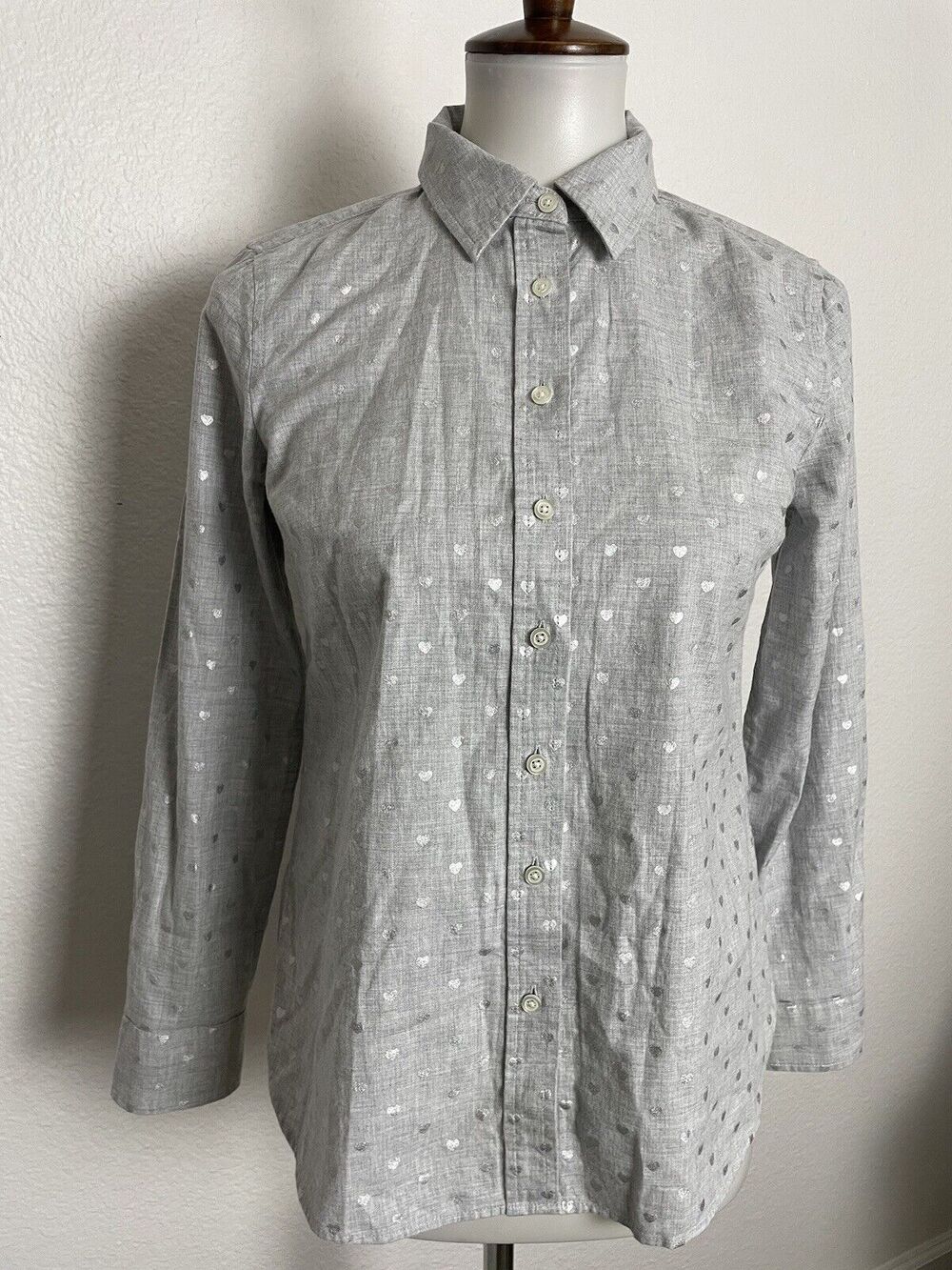 Talbots Shirt Button Down Heart Print Petite Preppy Classic Chic Quiet Luxury